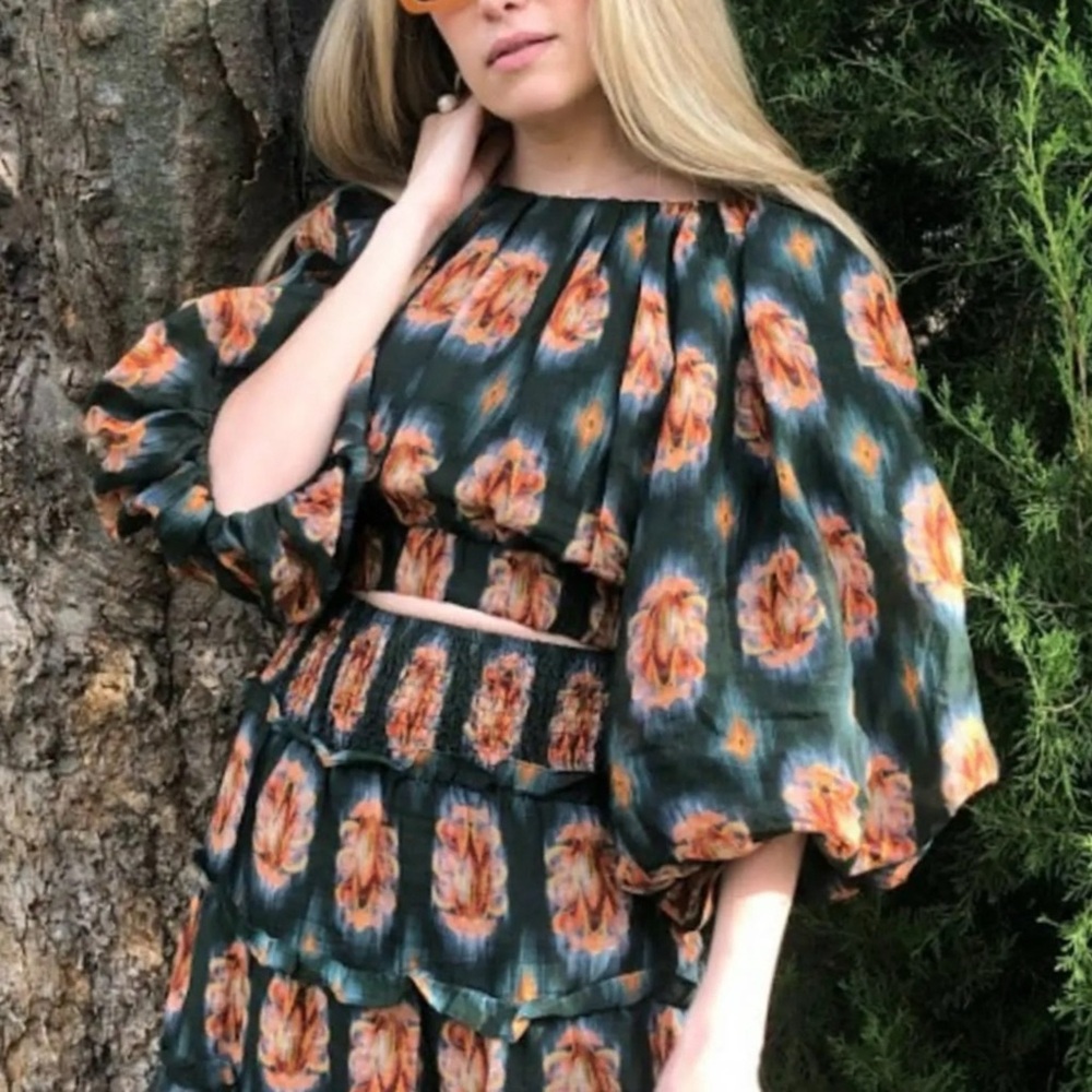 A LOVES A Printed Voile Crew Neck Bubble 3/4 Sleeves Boho Abstract Crop Top XS